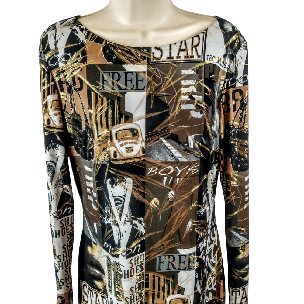 Y2K Cache Long Sleeve Graphic Print Dress - Brown, Metallic Gold, and Black - Picture 2 of 8